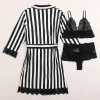 Cross-border trade Spring/Summer Black and white striped outerwear, bathrobe, sexy lace bathrobe, underwear, home four-piece set 24 details Picture